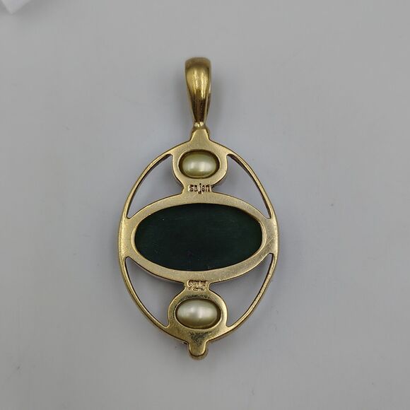 Vintage Sajen Sterling Silver 925 Vermeil Jade/Nephrite Baroque Pearl Pendant - Picture 9 of 13